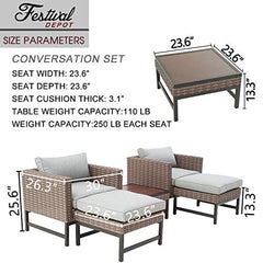 Festival Depot 5 Pieces Patio Outdoor Conversation Wicker Chairs Lounge Chaise Cushions Ottomans Set with Coffee Square Table Metal Frame Furniture Garden Bistro Seating Thick Soft Cushion (Gray)