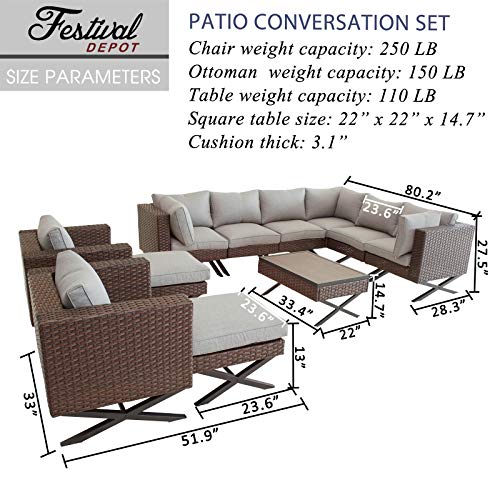 Festival Depot 12pcs Outdoor Furniture Patio Conversation Set Sectional Corner Sofa Chairs with X Shape Metal Leg All Weather Brown Rattan Wicker Ottoman Side Coffee Table with Grey Seat Back Cushions 