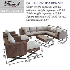 Festival Depot 12pcs Outdoor Furniture Patio Conversation Set Sectional Corner Sofa Chairs with X Shape Metal Leg All Weather Brown Rattan Wicker Ottoman Side Coffee Table with Grey Seat Back Cushions