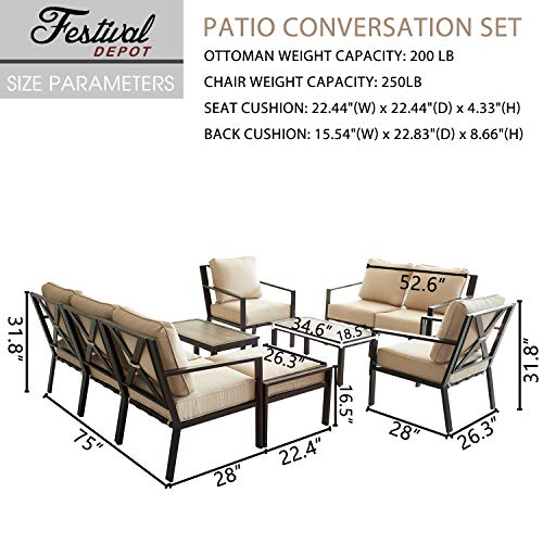 Festival Depot 10-Pieces Patio Outdoor Furniture Conversation Sets Loveseat Sectional Sofa, All-Weather Black X Slatted Back Chairs with Coffee Table and Thick Soft Removable Couch Cushions (Beige)