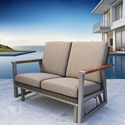 Elegant Dark Grey Outdoor Glider Bench with Cushioned Seat and Wicker Back