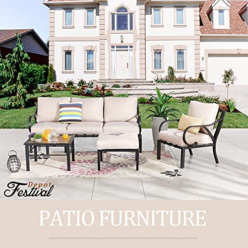 Festival Depot 6pcs Patio Conversation Set Sectional Metal Chairs Ottoman with Cushions and Coffee Table All Weather Outdoor Furniture for Garden Backyard, Beige 