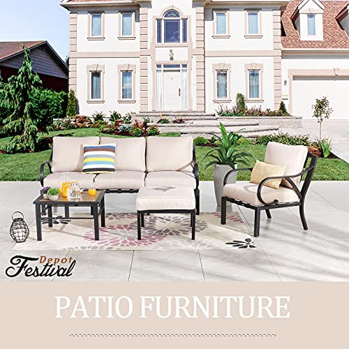 Festival Depot 6pcs Patio Conversation Set Sectional Metal Chairs Ottoman with Cushions and Coffee Table All Weather Outdoor Furniture for Garden Backyard, Beige
