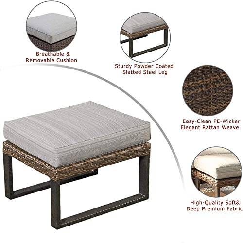 Festival Depot Patio Ottoman Outdoor Wicker Footstool Small Seat Rattan Furniture with All- Weather Metal Legs and 6.3" Cushion for Deck Poolside Yard Garden Porch (Grey) 