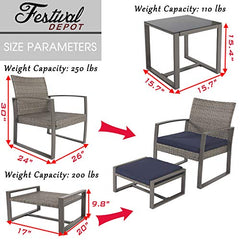 Festival Depot 5 PC Outdoor Patio Conversation Set Chairs Cushions Ottomans Set with Coffee Square Table Metal Frame Furniture Garden Bistro Poolside Deck Garden Blue Cushion