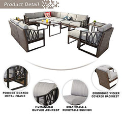 Festival Depot 15Pc Outdoor Furniture Patio Conversation Set Sectional Corner Sofa Chairs All Weather Wicker Ottoman Metal Frame Slatted Coffee Table with Thick Grey Seat Back Cushions Without Pillows