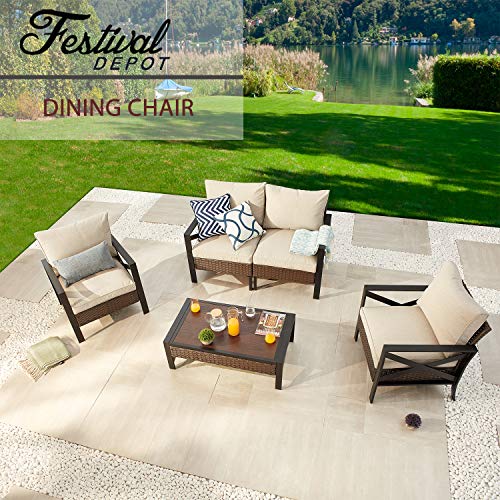 Festival Depot Outdoor Patio Bistro Dining Chairs Left Armrest Chair with X-Shaped Armrest Sofa Wicker Rattan with Thick Soft Cushion with Steel Frames for Garden Yard Poolside 
