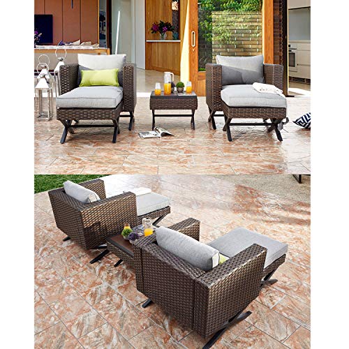 Festival Depot 5 Pieces Patio Outdoor Conversation Brown Wicker Rattan Chairs Cushions Ottomans Set Coffee Square Table Classic Metal Frame Furniture Garden Bistro Seating Grey Thick Soft Cushion 
