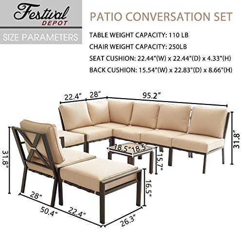 Festival Depot 9-Pieces Patio Outdoor Furniture Conversation Sets Sectional Corner Sofa, All-Weather Black X Slatted Back Chairs with Coffee Side Table and Thick Soft Removable Couch Cushions (Beige)