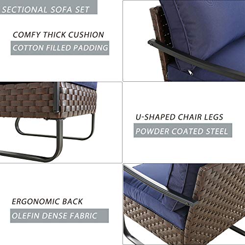 Festival Depot 4 Pieces Patio Dining Furniture Outdoor Armchair Combination Conversation Set All-Weather Ottoman with U Shaped Steel Leg for Porch Lawn Garden Balcony Pool Backyard, Brown 