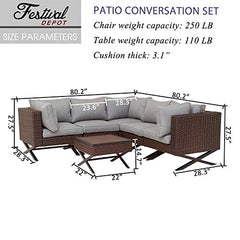 Festival Depot 6pcs Outdoor Furniture Patio Conversation Set Sectional Corner Sofa Chairs with X Shaped Metal Leg All Weather Brown Rattan Wicker Side Coffee Table with Grey Thick Seat Back Cushions