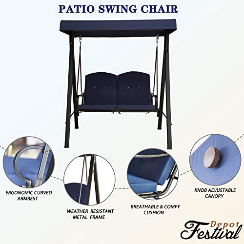 Festival Depot 2-Seats Outdoor Patio Swing Chair with Adjustable Convertible Canopy Hanging Furniture, Removable Thick Cushions, Weather Resistant Steel Frame for Balcony Poolside Deck (Blue)