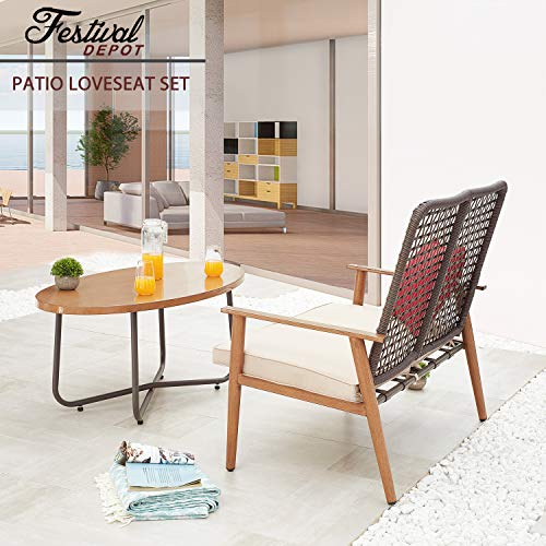 Festival Depot 2 Pieces Patio Outdoor Furniture Conversation Set Loveseat with Metal Side Coffee Side Table Wooden-Color Steel Wicker Weaving Mesh Back Armchair with Cushions (Khaki)