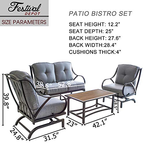 Festival Depot 4 Pieces Patio Outdoor Conversation set with Coffee Table Set Premium Fabric Metal Frame Furniture Set Garden Bistro Seating Chair Thick&Soft Cushion (4pc Patio Conversation Sets, Grey)