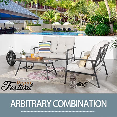 Festival Depot Patio Coffee Table Rectangle Side Table All-Weather Outdoor Furniture with Wood- Grain Desktop and Metal Frame for Porch Poolside Deck Garden (42.5" x 25.2" 17.5")