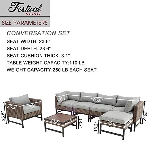 Festival Depot 7 Pieces Patio Outdoor Furniture Conversation Sets Sectional Corner Sofa, Wicker Chairs with Ottoman, Coffee Table and Seating Thick Soft Cushion(Grey) 