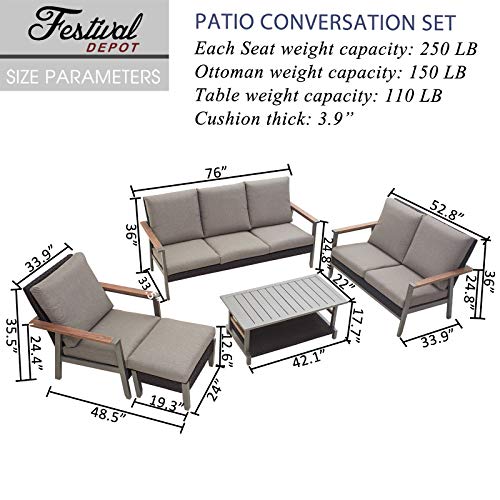 Festival Depot 5pcs Patio Conversation Set Wicker Armchair All Weather Rattan Loveseat 3-Seater Sofa with Thick Cushions in Metal Frame Coffee Table Outdoor Furniture for Deck