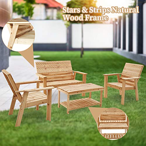 Festival Depot 4 Pieces Patio Furniture Outdoor Conversation Set Wood Armrest Loveseat Lounge Chair Stars and Strips Printing Dining Coffee Side Table 