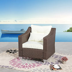 Festival Depot Patio Rattan Wicker Single Sofa Outdoor Sectional Chair with Removable Cushion Metal Frame All Weather Waterproof Furniture Seating for Garden Yard Lawn Pool (Beige)