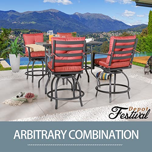Festival Depot 6pcs Bar Bistro Outdoor Patio Furniture Set High Stool 360° Swivel Armrest Chairs with Comfort Cushion Square DPC Desktop Wood Grain Top Table Metal Steel Frame Leg All-Weather (Red) 