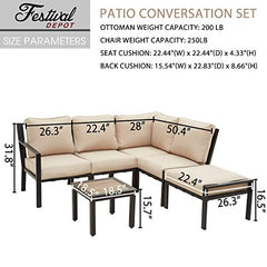 Festival Depot 10-Pieces Patio Outdoor Furniture Conversation Sets Loveseat Sectional Corner Sofa, All-Weather Black X Slatted Back Chairs with Coffee Table and Thick Removable Couch Cushions (Beige)