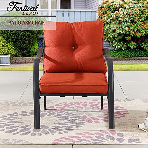 Festival Depot Patio Dining Armchair Outdoor Bistro Single Sofa with Removable Thick Cushion Metal Frame All Weather Sectional Conversation Furniture for Backyard Pool Deck Garden (Red)