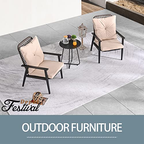 Festival Depot 3 Pcs Patio Bistro Set PE Wicker Conversation Set, Outdoor Furniture Armchairs with Cushions Metal Side Coffee Table for Backyard Porch Balcony Outside Poolside Lawn (Khaki)