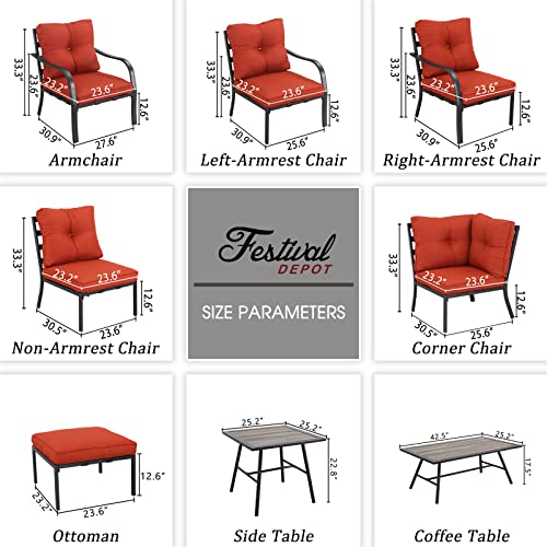 Festival Depot 6 Pcs Patio Conversation Set Sectional Sofa Chair Outdoor Furniture All-Weather Bistro Set with Armchair Left-arm&Right-arm Armless Chair Ottoman Side Table for Garden Porch Deck (Red) 