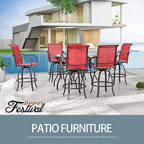 Festival Depot 3 Pcs Patio Bistro Bar Set High Stools Outdoor Furniture with 360° Swivel Armrest Chairs, Coffee Table with Tempered Glass Desktop, Metal Frame for Deck Poolside Garden Porch
