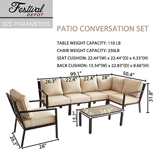 Festival Depot 7-Pieces Patio Outdoor Furniture Conversation Sets Sectional Corner Sofa, All-Weather Black X Shaped Slatted Back Chairs with Coffee Table and Removable Thick Soft Couch Cushions(Beige) 