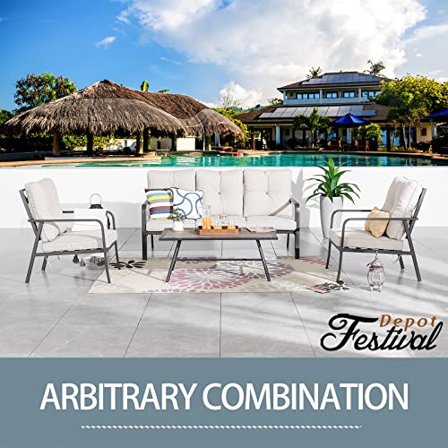 Festival Depot 4 Pcs Patio Bistro Sets Outdoor Arbitrary Combination Conversation Furniture with 1 3-Seats Sofa 2 Dining Armchairs and 1 Coffee Table for Bar Indoor Home Garden Pool Porch (Beige)