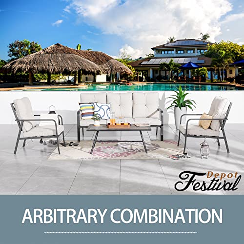 Festival Depot 4 Pcs Patio Bistro Sets Outdoor Arbitrary Combination Conversation Furniture with 1 3-Seats Sofa 2 Dining Armchairs and 1 Coffee Table for Bar Indoor Home Garden Pool Porch (Beige) 