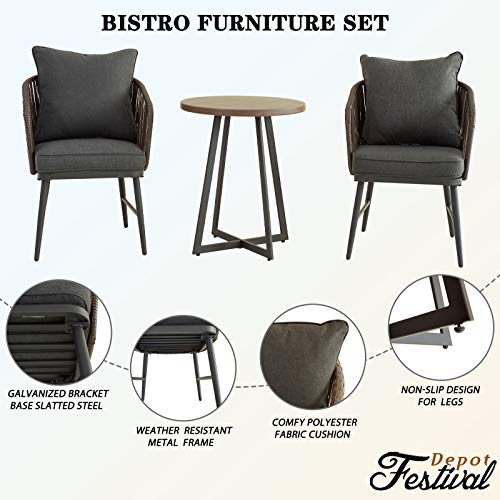 Festival Depot 3 Pcs Patio Bistro Set Outdoor Furniture with 2 Rattan Wicker Chair, Seat and Back Cushion and 1 Wood Grain Desktop Coffee Table