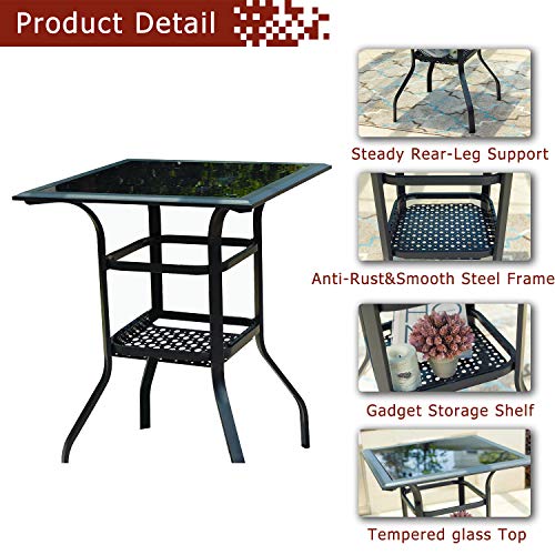 Festival Depot 3ft Bar Height Patio Bistro Table Tempered Glass Top Metal Table w/Storage Support Shelf Steel Outdoor Furniture (27.6"x 27.6"x 36.2"H) 