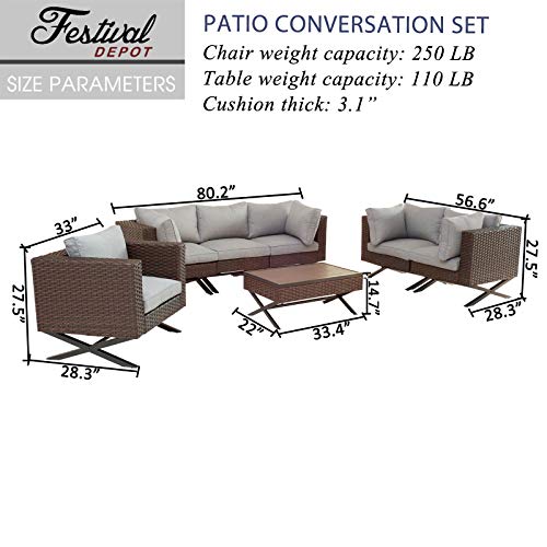 Festival Depot 7pcs Outdoor Furniture Patio Conversation Set Sectional Corner Sofa Chairs with X Shaped Metal Leg All Weather Brown Rattan Wicker Rectangle Coffee Table with Grey Seat Back Cushions 
