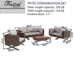 Festival Depot 7pcs Outdoor Furniture Patio Conversation Set Sectional Corner Sofa Chairs with X Shaped Metal Leg All Weather Brown Rattan Wicker Rectangle Coffee Table with Grey Seat Back Cushions