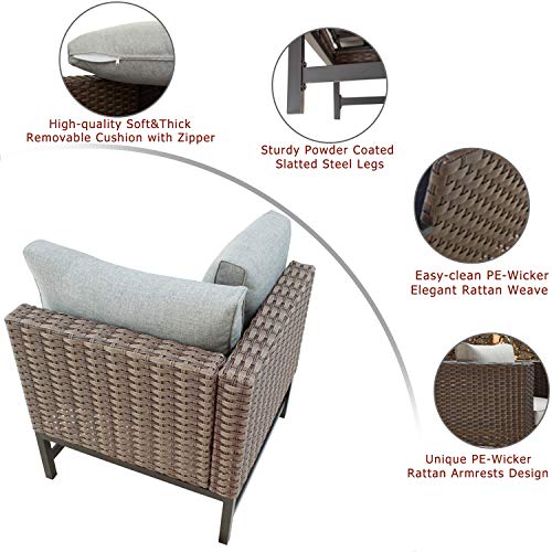 Festival Depot Dining Outdoor Patio Bistro Furniture Right Armrest Chair with Wicker Rattan Armrest Premium Fabric Comfort&Soft 3.1"Cushion with Metal Slatted Steel Leg for Garden Poolside All-Weather