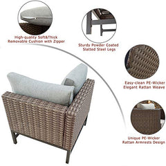 Festival Depot Dining Outdoor Patio Bistro Furniture Right Armrest Chair with Wicker Rattan Armrest Premium Fabric Comfort&Soft 3.1"Cushion with Metal Slatted Steel Leg for Garden Poolside All-Weather