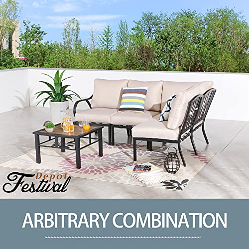 Festival Depot 1 Piece Patio Sofa Chair Outdoor Furniture Metal Armchair with Thick Seat and Back Cushions for Bistro Porch Balcony, Beige