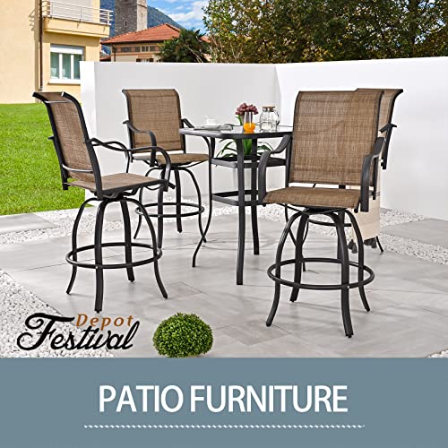 Festival Depot 5 Pcs Patio Bistro Set 360° Swivel Chairs and Bar Height Table with Tempered Glass Top Outdoor Furniture Dining Set (4 Chairs,1 Table) (Brown)