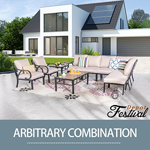 Festival Depot 10 Pieces Patio Conversation Set Sectional Sofa Corner Armchair Ottoman with Thick Cushions and Side Coffee Table All Weather Metal Outdoor Furniture for Deck Garden, Beige 