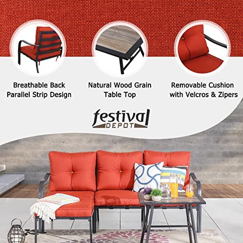 Festival Depot 5 Pcs Patio Conversation Set Sectional Sofa Chair Outdoor Furniture All-Weather Bistro Set with Left-arm&Right-arm Armless Chair Ottoman Side Table for Garden Porch Deck Backyard (Red)