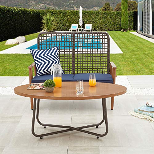 Festival Depot 2 Pieces Patio Outdoor Furniture Conversation Set Loveseat with Metal Side Coffee Side Table Wooden-Color Steel Wicker Weaving Mesh Back Armchair with Cushions (Blue)