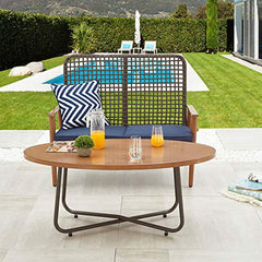 Festival Depot 2 Pieces Patio Outdoor Furniture Conversation Set Loveseat with Metal Side Coffee Side Table Wooden-Color Steel Wicker Weaving Mesh Back Armchair with Cushions (Blue)