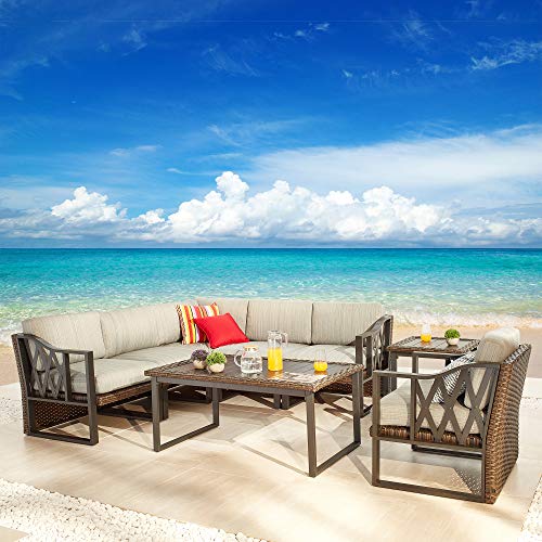 Festival Depot 8pcs Outdoor Furniture Patio Conversation Set Sectional Corner Sofa Chairs All Weather Brown Rattan Wicker Slatted Coffee Table End Table with Grey Thick Seat Back Cushions, Black