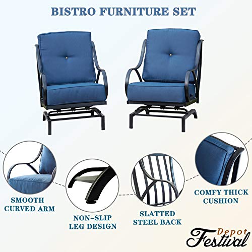 Festival Depot 2 of Outdoor Patio Dining Chairs with Blue Cushions Set Premium Fabric Metal Frame Furniture Set Garden Bistro Seating Chair Thick&Soft Cushions (2pc Dining Chairs) 