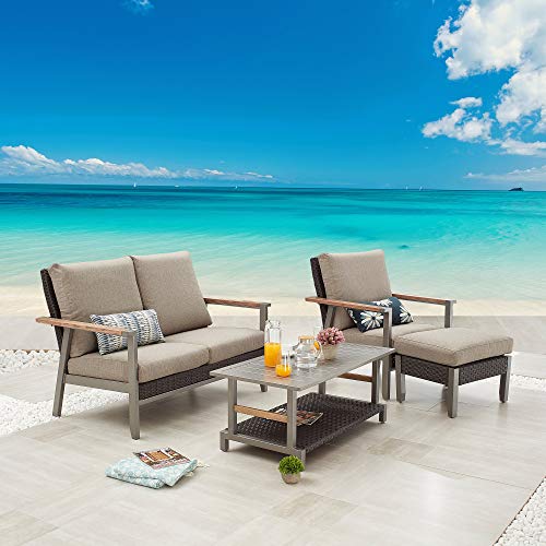 Festival Depot 4pcs Patio Conversation Set All Weather Wicker Chair Rattan Ottoman Loveseat with Grey Thick Cushions and Coffee Table in Metal Frame Outdoor Furniture for Deck Poolside