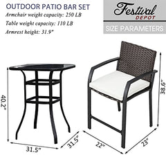 Festival Depot 6 Pcs Patio Bar Set of 4 Wicker Stools with Cushions Rattan High Stools with Armrests and 2 Tempered Glass Top Counter Tables in Metal Frame Outdoor Furniture for Bistro Garden