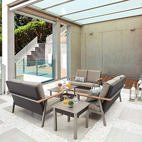 Festival Depot 6pcs Patio Conversation Set Wicker Armchair Rattan Loveseat All Weather 3-Seater with Grey Thick Cushions and Side Coffee Table in Metal Frame Outdoor Furniture for Deck Poolside 
