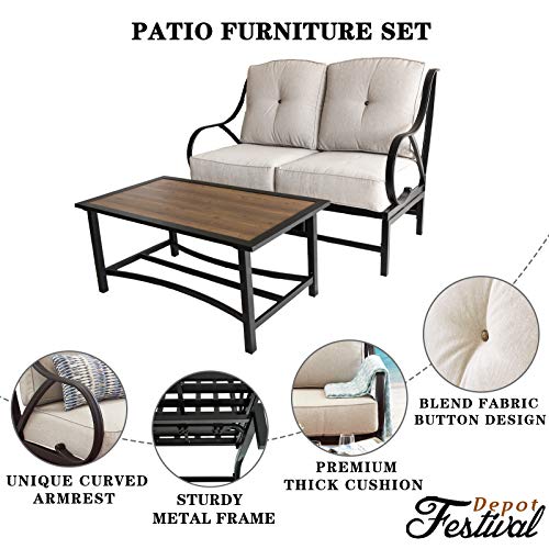 Festival Depot 2 Pieces Patio Loveseat Metal Frame with Coffee Table Set Conversation Premium Fabric Metal Frame Furniture Set Garden Bistro Seating Chair Thick&Soft Cushion (Loveseat, Beige) 